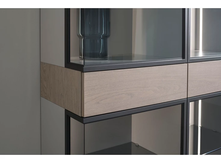 Detail Vitrinekast Cubo opstelling 214 combi matte lak en eik Sudbrock