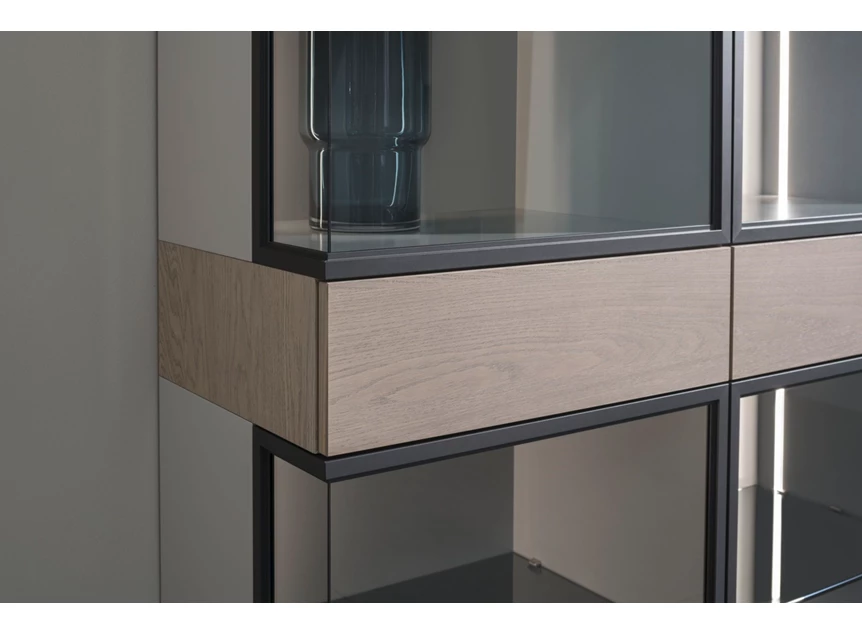 Detail Vitrinekast Cubo opstelling 214 combi matte lak en eik Sudbrock