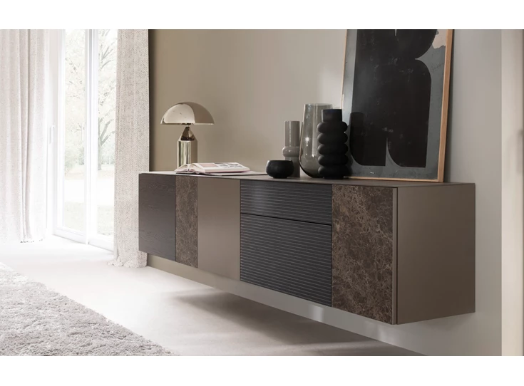 Dressoir Cubo hangend opstelling 216 combi matte lak hout glas en keramiek Sudbrock