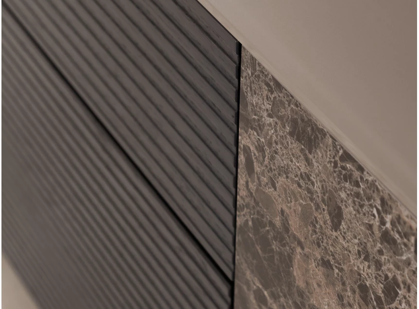 Detail Dressoir Cubo hangend opstelling 216 combi matte lak glas en keramiek Sudbrock