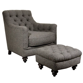 Fauteuil Glencoe met poef grijs stof schuin voor.jpg