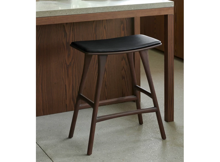 Inzoom Barstoel Teak Osso Brown Counter Stool Black Leather 10181 Ethnicraft