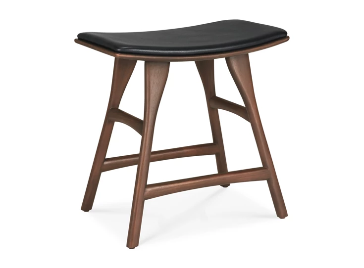 Kruk Teak Osso Brown Stool Black Leather 10180 Ethnicraft