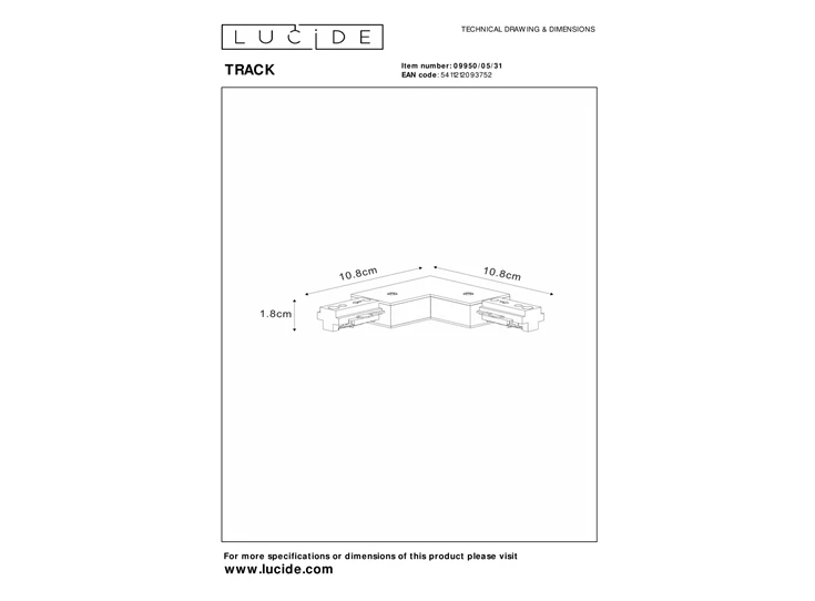 Track L-koppelstuk- 1fase railsysteem/railverlichting- links- wit- afmetingen
