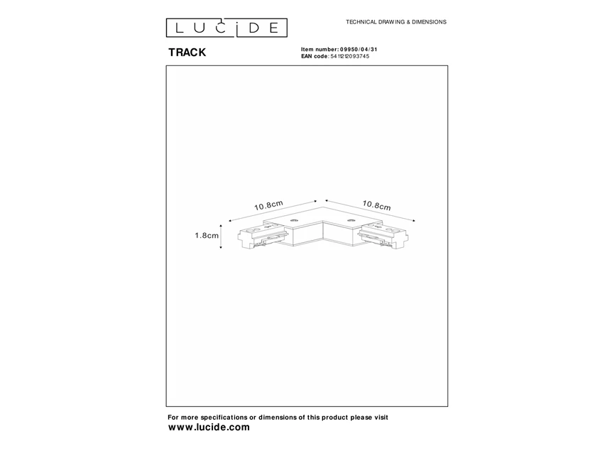 Track l-koppelstuk- 1fase railsysteem/railverlichting- rechts- wit (uitbreiding)- afmetingen