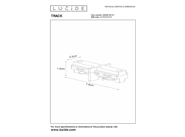 Track Ikoppelstuk- 1fasesysteem/railverlichting- wit (uitbreiding) afmetingen
