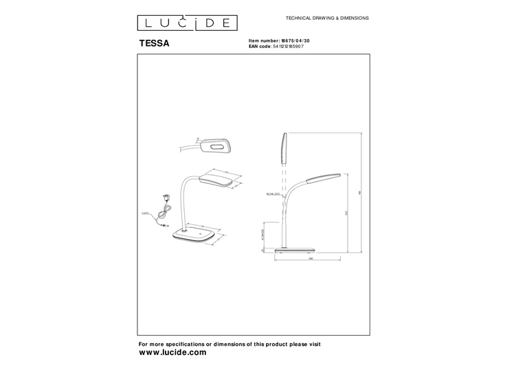 Tessa bureaulamp- led- dimbaar- 1x3,2W- 3000K- zwart- afmetingen