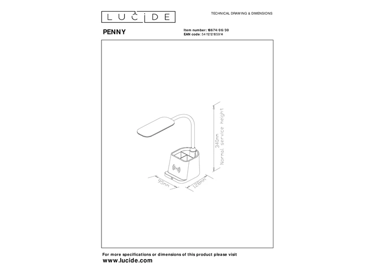 Penny bureaulamp- led dimb- 1x4,7W- 3000K- draadloze oplader- zwart- afmetingen