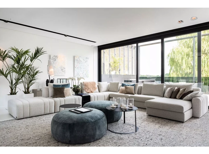 Grote hoekzetel Xavio met longchair stof greige Passe Partout