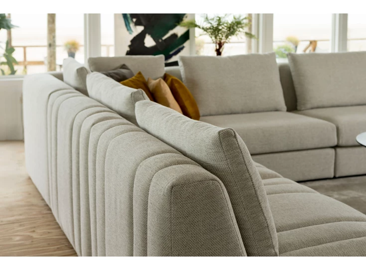 Rugleuning Hoeksalon Xavio met longchair stof greige Passe Partout