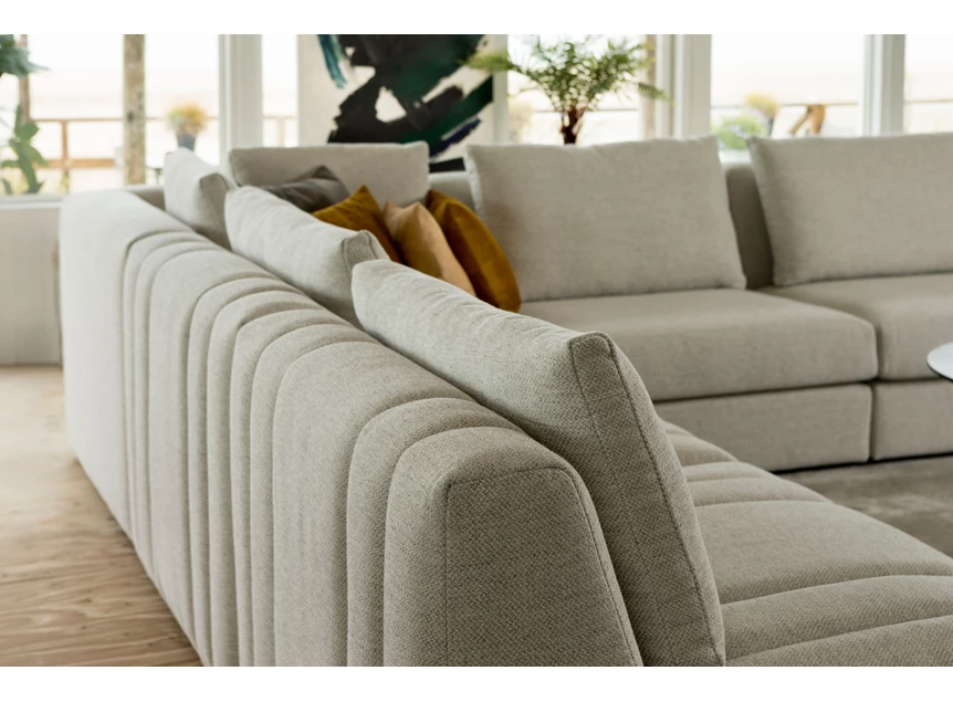 Rugleuning Hoeksalon Xavio met longchair stof greige Passe Partout