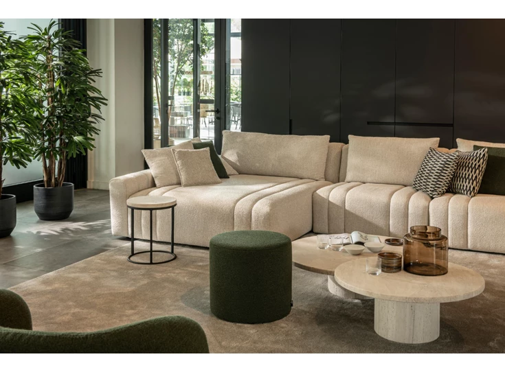 Zijde Hoeksalon Xavio brede longchair stof beige Passe Partout