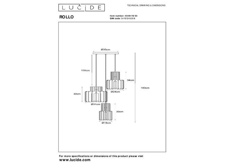 Rollo hanglamp- 3xE27- terracotta- afmetingen