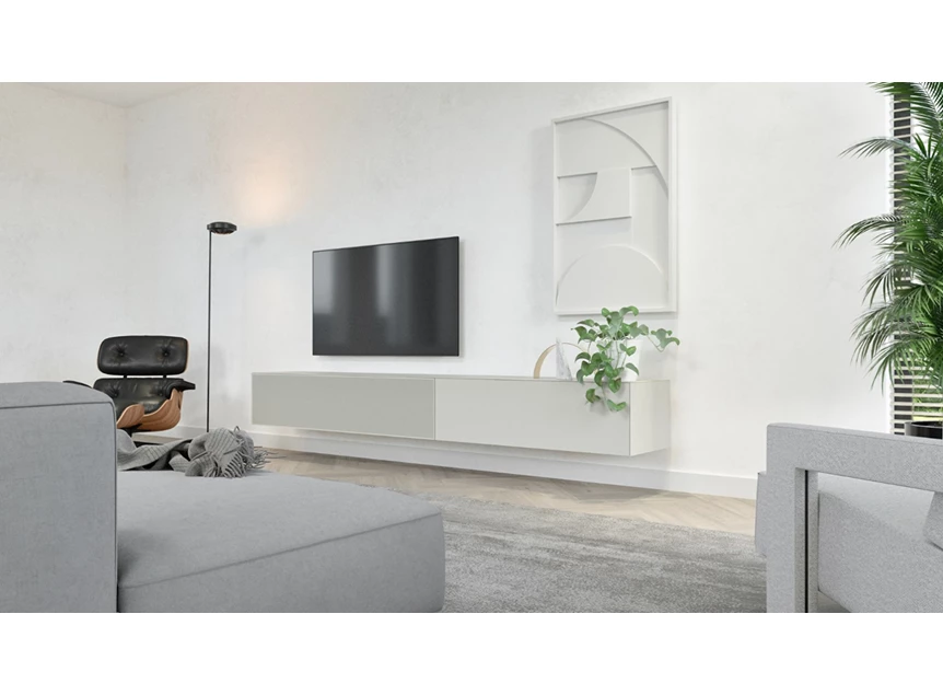 Zijkant Tv-kast Mika 160 met koppelelement 80 klep mat glas wit hangend Ardeno