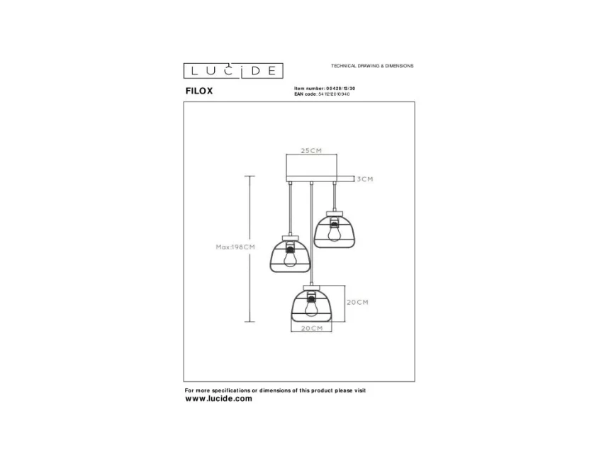 Filox hanglamp- 3xE27- zwart- afmetingen