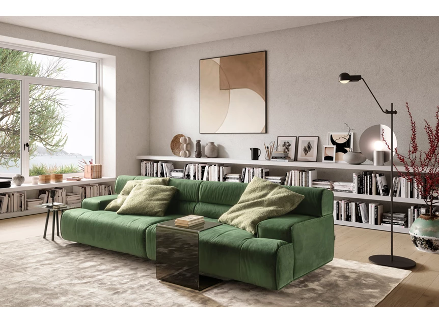 Zijkant sfeerfoto Canapé 3-zit salon Colosseo stof fluweel groen Designwerk