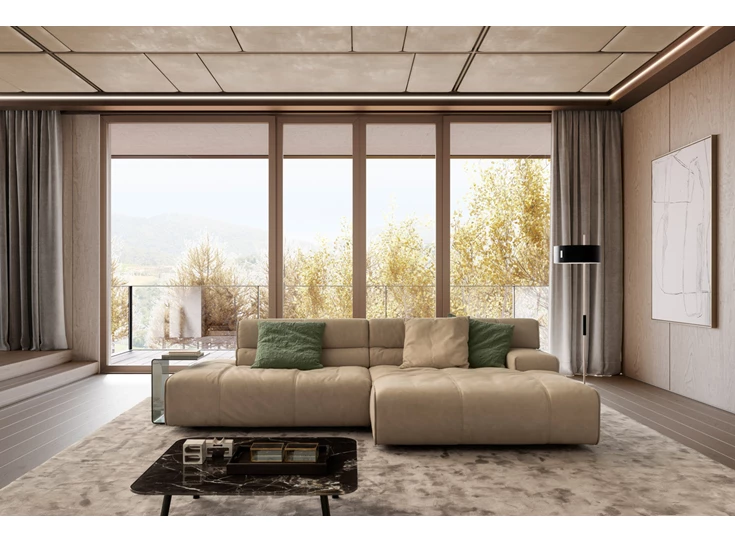 Sfeerfoto Salon Colosseo met longchair leder zand Designwerk