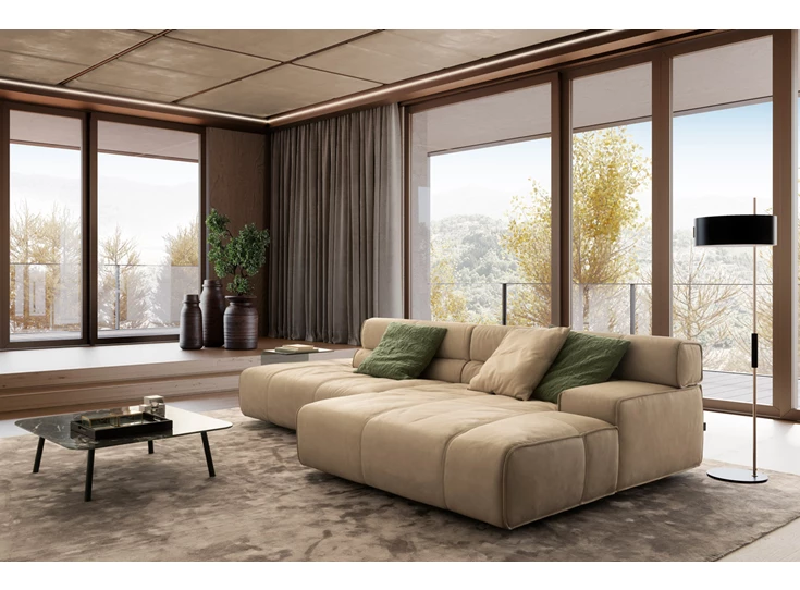 Zijkant Salon Colosseo met longchair leder zand Designwerk