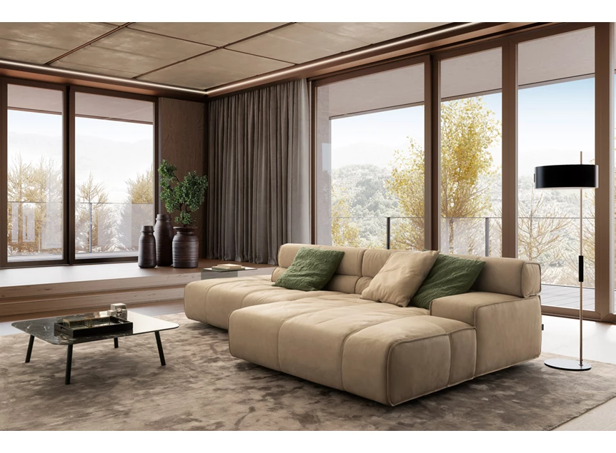 Zijkant Salon Colosseo met longchair leder zand Designwerk