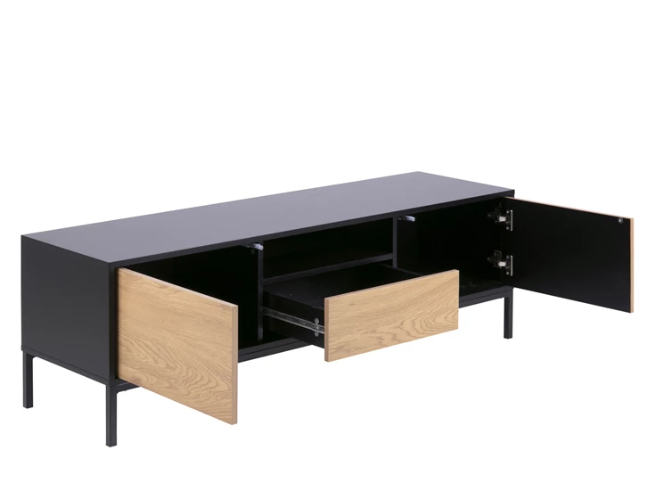 81691 seaford televisiemeubel zwart hout 2 deuren 1 lade 1 open vak schuin vooraanzicht open