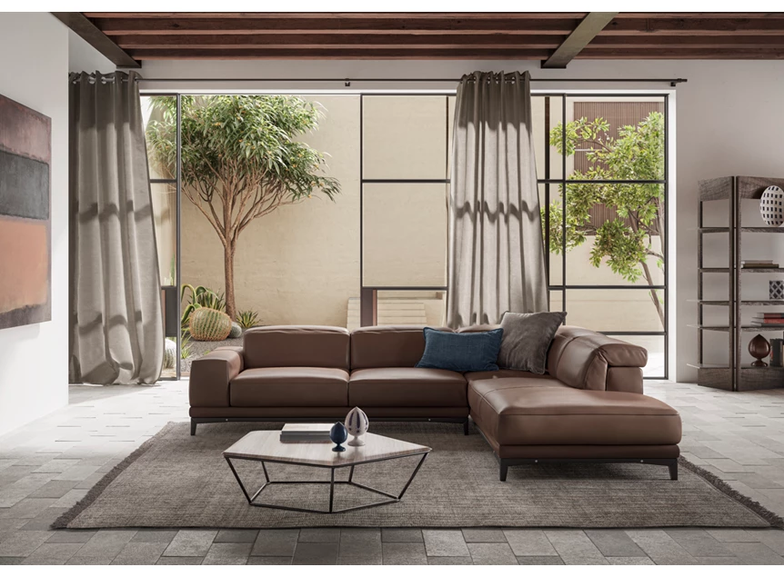 Sfeerfoto Hoeksalon Borghese 2826 unit 018 481 leder bruin Natuzzi Italia