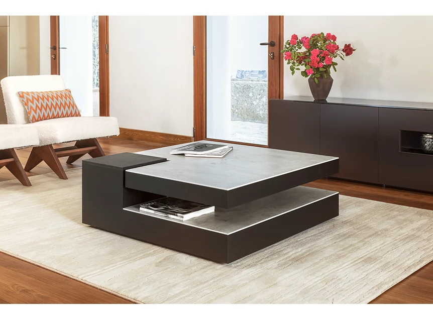 Sfeerfoto Salontafel Split donker eik keramiek Crest Karat Tables to Love