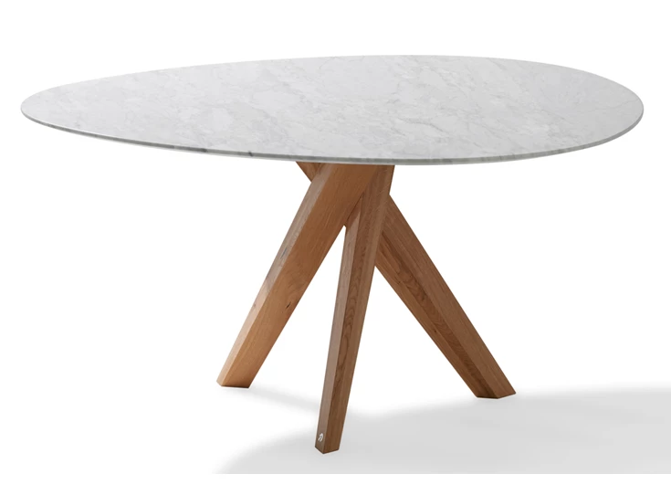 Eettafel Trilope 1540 stone calacatta organisch natuursteen poot eik Draenert