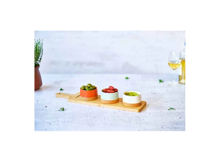 Dela aperoset -4stuks-serveerplank 48*12 + 3bowl Ø9,5*5,5 sfeerbeeld
