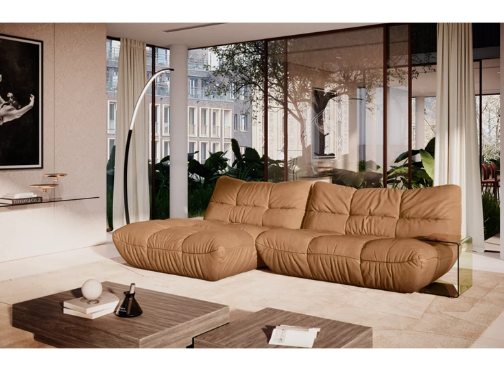 Zijkant sfeerfoto Zetel Passion met longchair leder cognac Designwerk