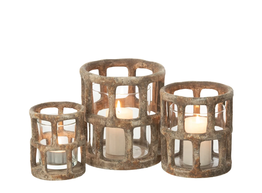 Windlicht antiek polyester/glas L driedelig