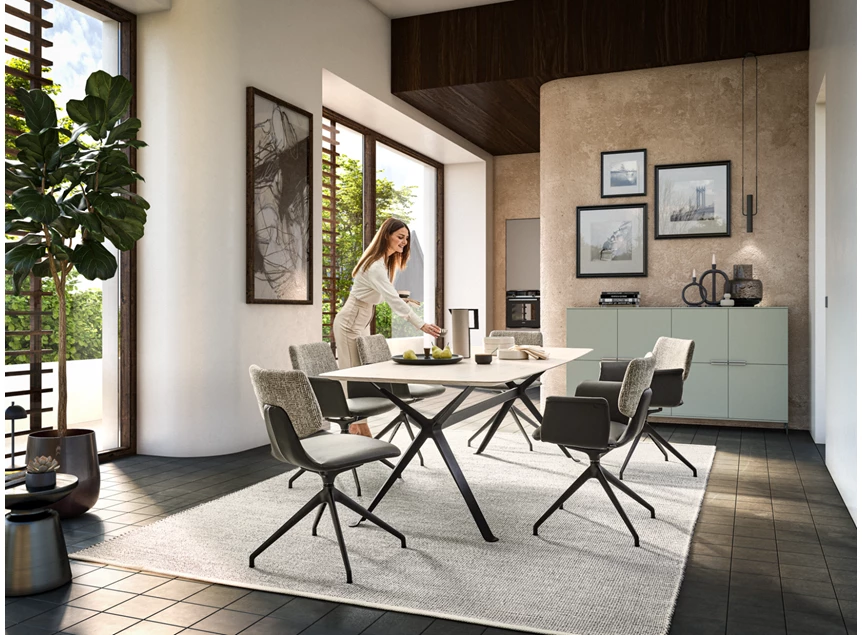 Sfeerfoto Stoel Nerina NE 2349 leder antraciet statiefonderstel schuin Musterring