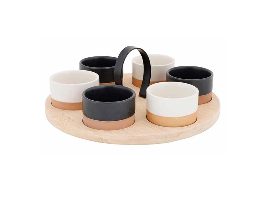 Aperoset bamboe serveerplank + 6 schaaltjes