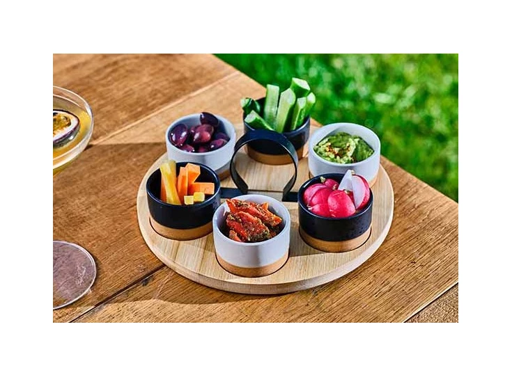 Aperoset bamboe serveerplank + 6 schaaltjes sfeer