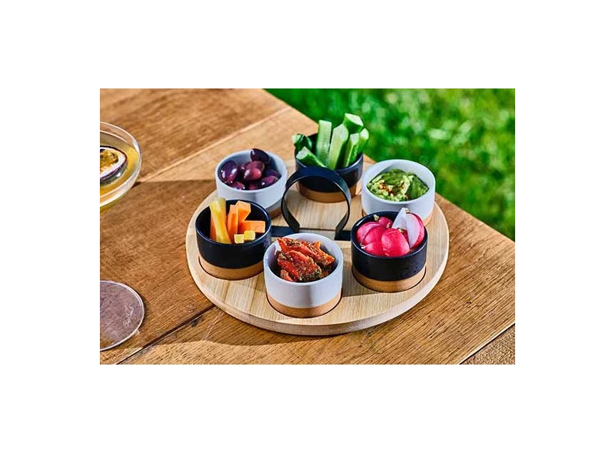 Aperoset bamboe serveerplank + 6 schaaltjes sfeer