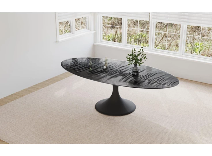 Bovenkant Eettafel Droplet Calise ovaal glas zwart fishbone Lievens