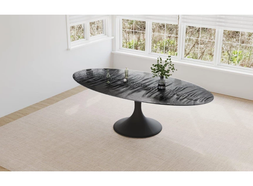 Bovenkant Eettafel Droplet Calise ovaal glas zwart fishbone Lievens