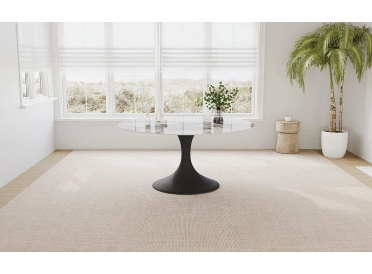 Sfeerfoto Eettafel Droplet Calise rond keramiek Elysium Brown Lievens