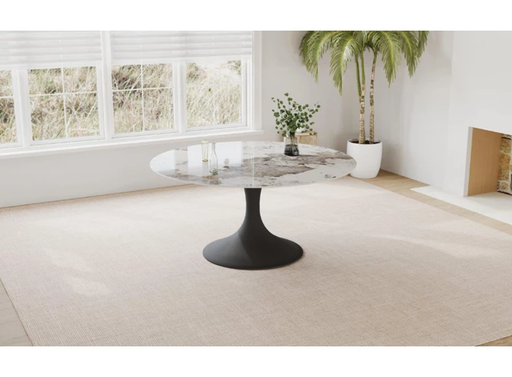 Zijkant Eettafel Droplet Calise rond keramiek Elysium Brown Lievens