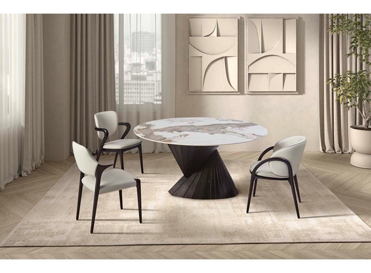 Sfeerfoto Tafel Vortex Barrel keramiek Elysium Brown onderstel zwart Lievens