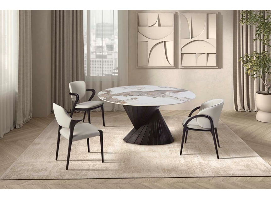 Sfeerfoto Tafel Vortex Barrel keramiek Elysium Brown onderstel zwart Lievens