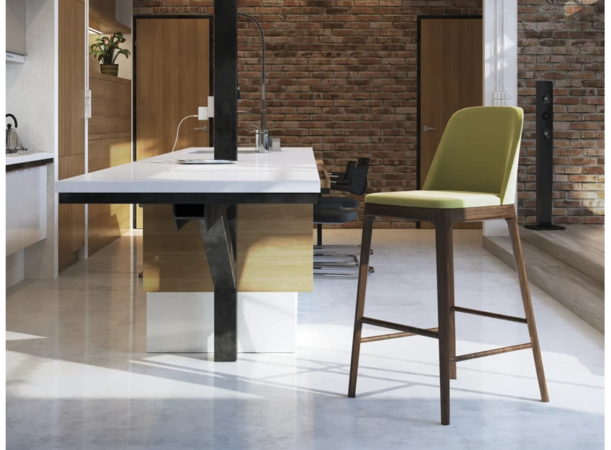 Sfeerfoto Barstoel Numo hout noot stof groen Estetica Home