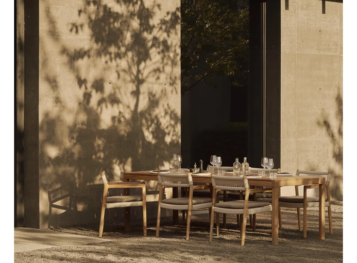 Sfeerfoto Tuinstoel Teak Jack Woven Outdoor Dining Chair Beige Cord Silt fabric 10340 Ethnicraft