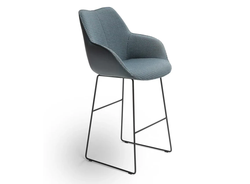 Barstoel Kiq Arm Hoog combinatie leder stof blauw Bree's New World