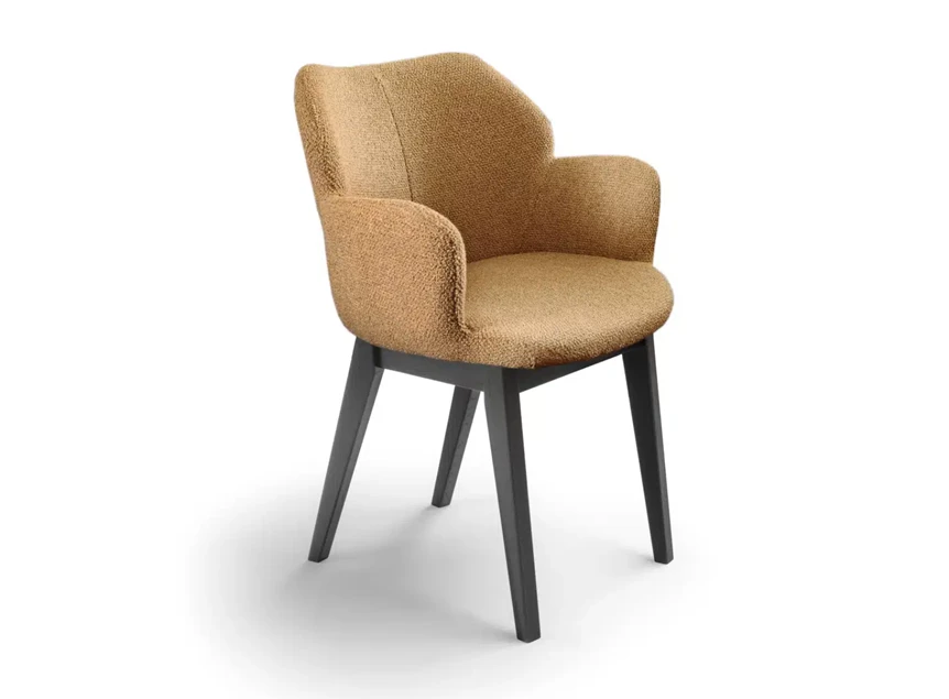 Armstoel Toby stof oker houten poot eiken beits zwart Bree's New World