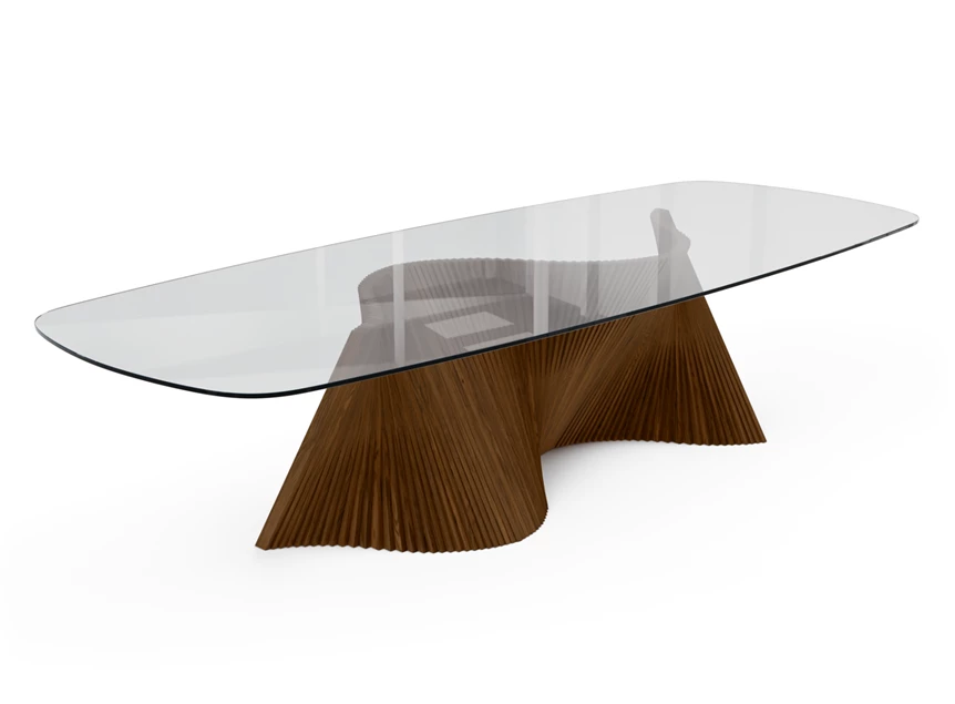 Eettafel Onda Bootvorm transparant glas onderstel hout Willisau Edition