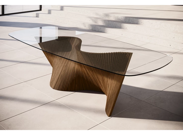 Zijkant Eettafel Onda Bootvorm transparant glas onderstel hout Willisau Edition