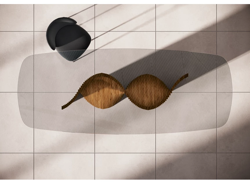 Bovenkant Eettafel Onda Bootvorm transparant glas onderstel hout Willisau Edition