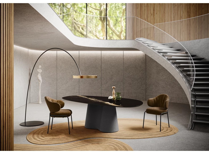 Sfeerfoto Eettafel Coral niervorm blad MVi glas Moon Willisau Edition