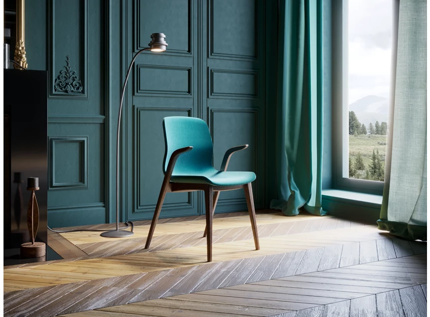 Sfeerfoto Armstoel Monti massief hout eik bruin stof blauw Estetica Home