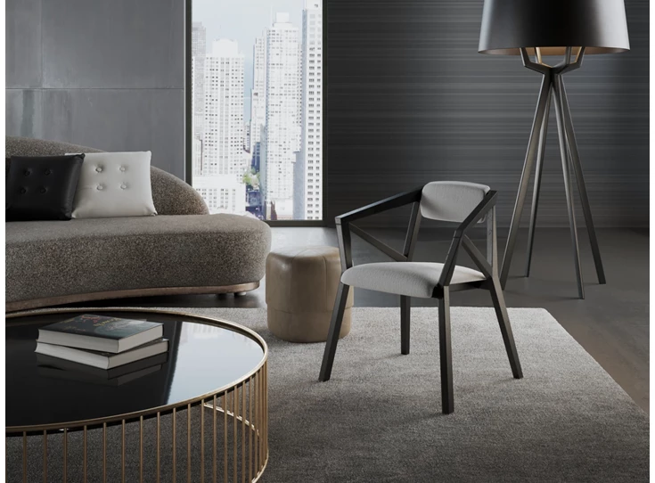 Sfeerfoto Armstoel Madox massief hout eik donkerbruin stof patroon grijs Estetica Home